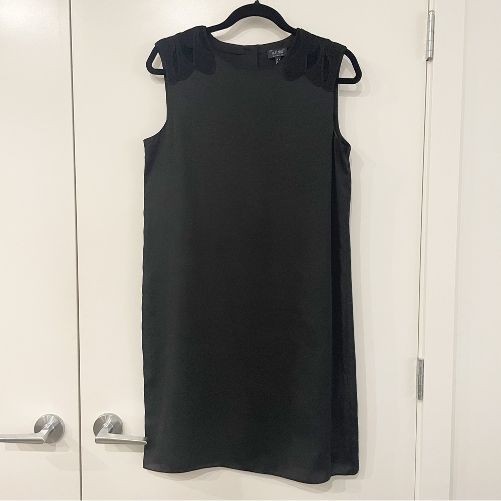 Armani Jeans Black Shift Dress with Embroidered Shoulders Size 8